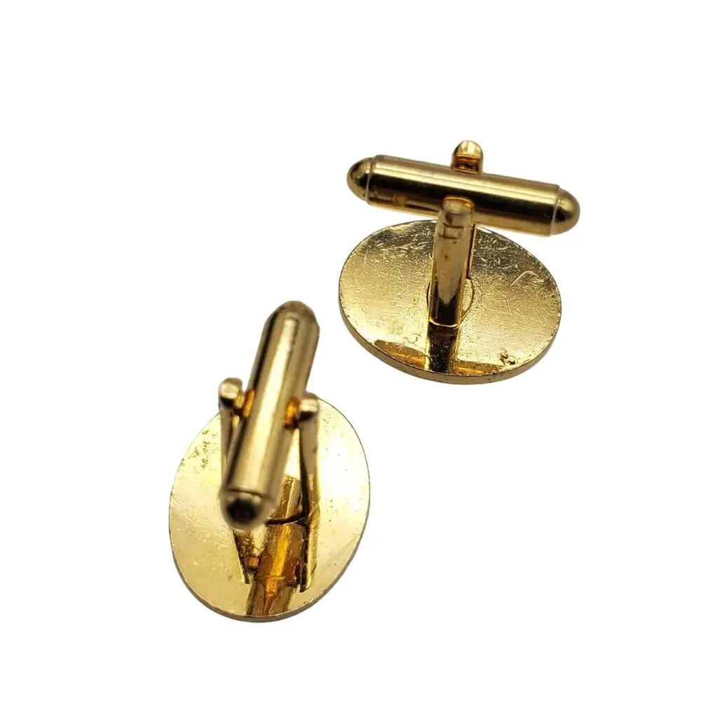 Oval Black Enamel Cufflinks Gold Tone Dot Stripe Deco Retro Vintage Mens Jewelry